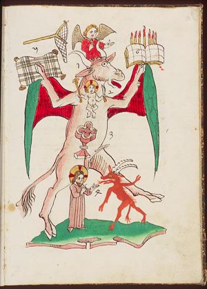 Symbol of St. Luke: ox, with (1) St. Gabriel, (2) Christ-child holding sceptre and knife, (3) baptismal font, (4) Christ drives the devil away, (5) cushion [bed of the paralytic], fishing net, (6) opened book, seven candles