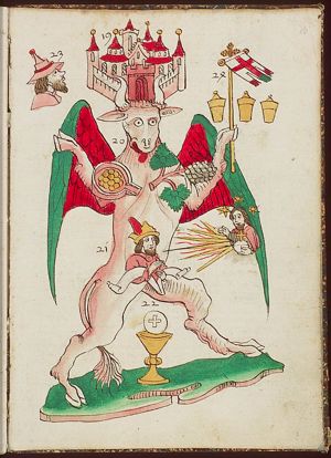 Symbol of St. Luke: ox, with (19) city of #Jericho/Jerusalem#, (20) money box, vine-tendril, (21) prophet, Christ of the Last Judgement, with sunrays and stars, (22) chalice, Host, (23) head of a Jew, (24) banner of the Agnus Dei [without Lamb], three ointment-jars