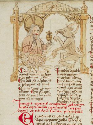 Christ as Salvator Mundi, making a blessing gesture and holding an orb with a cross, faces the devil