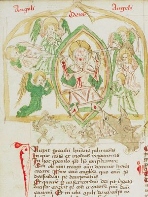 The Last Judgement: Christ on a rainbow raises the dead
