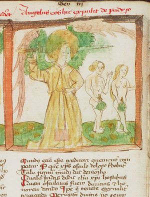Expulsion of Adam and Eve from paradise by an angel with a (flaming) sword