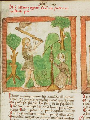 Adam digging, Eva spinning