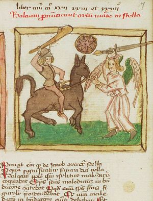 An angel holding a sword bars the way and causes Balaam's ass to turn aside
