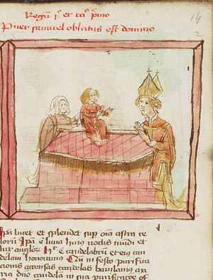 Hannah presents Samuel to Eli in the temple at Shiloh