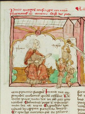 Moses facing Pharao, whose crown lies on the ground