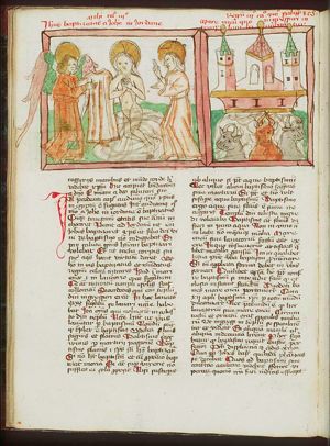 The baptism of Christ by St. John the Baptist, an angel holds Christ's robe