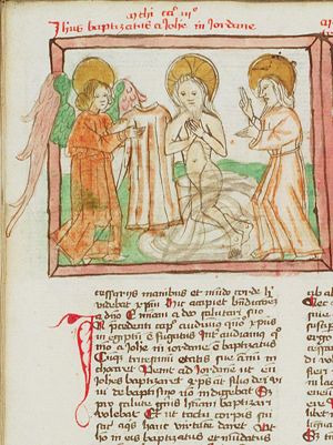 The baptism of Christ by St. John the Baptist, an angel holds Christ's robe