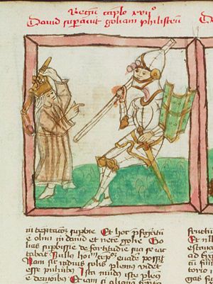 David and Goliath: David kills Goliath with a stone from his sling