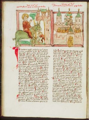 The Entry into Jerusalem: Christ enters the city-gate on an ass