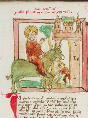 The Entry into Jerusalem: Christ enters the city-gate on an ass