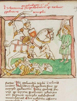 Flagellation of Heliodorus by a man on horseback and another man