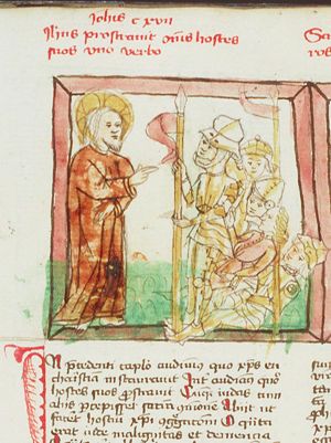 Christ makes himself known; the soldiers fall to the ground: "Ego sum"