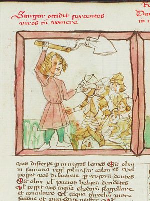 Shamgar slays six hundred Philistines