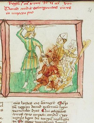 David kills eight hundred enemies (actually this act is attributed to David's hero Jashobeam the Hachmonite)