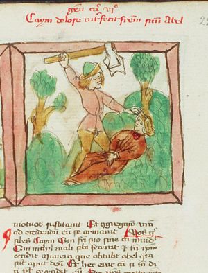 Cain slays Abel with a spade
