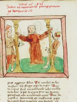 Samson, mocked by the Philistines, breaks the pillars of the temple of Dagon