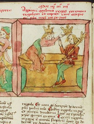 Apamene, King Darius' concubine, takes the crown off the king's head, puts it on her own