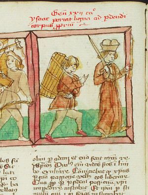 Isaac carries the wood for his sacrifice