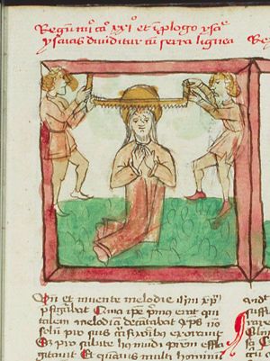 The martyrdom of Isaiah: he is sawn in two