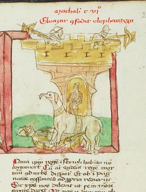 Eleazar, brother of Judas Maccabeus, kills an elephant of war and is killed himself when the elephant falls on him