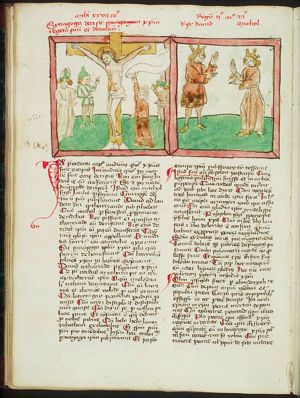 Crucifixion, with bystanders insulting Christ