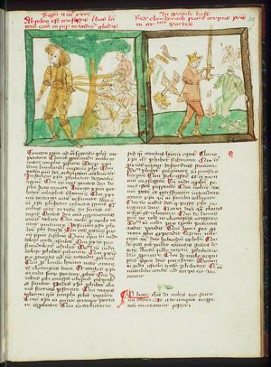 The death of Absalom: hanging by his hair in an oak-tree, he is pierced by Joab