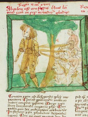 The death of Absalom: hanging by his hair in an oak-tree, he is pierced by Joab