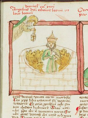 An angel brings food to Daniel in the lion's den
