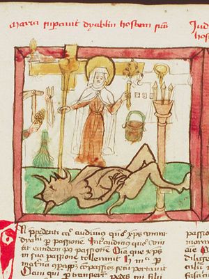 Compassio Mariae: Mary conquers the devil with the Instruments of the Passion