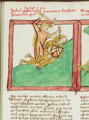 Jael kills the sleeping Sisera by hitting a nails through his temple
