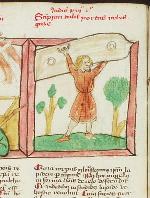 Samson carries the doors of the city-gate of Gaza
