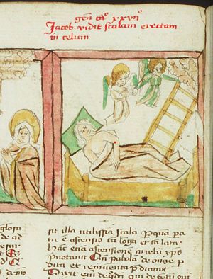 The dream of Jacob: while sleeping on the ground with a stone for pillow Jacob sees a ladder reaching from earth to heaven, with angels ascending and God at the top of the ladder