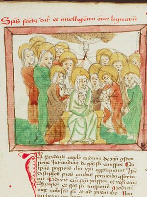 Pentecost: the Holy Spirit descends upon Mary and the apostles