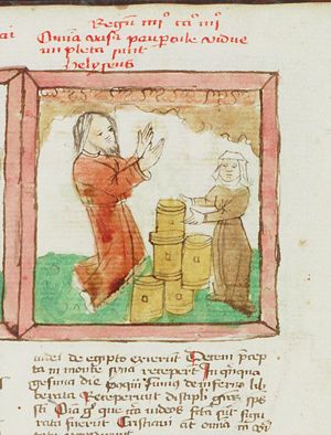 The widow's oil: the widow is filling many borrowed jars with oil, complying with Elisha's orders