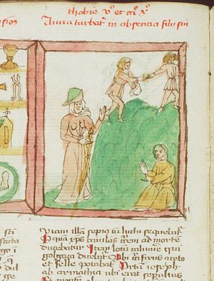 Tobias and the angel Raphael taking leave of Tobit and Anna