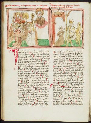 The Virgin Mary, interceding for mankind, presents St. Dominic and St. Francis of Assisi to Christ; Christ brandishes three spears or arrows to destroy the sins of Pride, Avarice and Lust