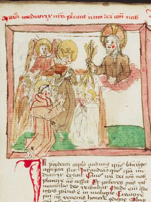 The Virgin Mary, interceding for mankind, presents St. Dominic and St. Francis of Assisi to Christ; Christ brandishes three spears or arrows to destroy the sins of Pride, Avarice and Lust