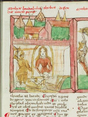 Abimelech, king of Shechem, is struck on the head by a millstone thrown by a woman; at his own request Abimelech is killed by his armour-bearer