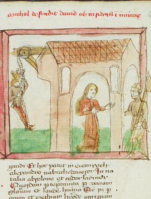David escapes: he lowers himself with the help of a pulley, while Michal talks to a soldier