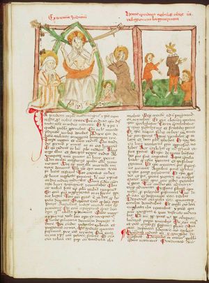 The Last Judgement: Christ on a rainbow raises the dead in the presence of Mary and St. John the Baptist