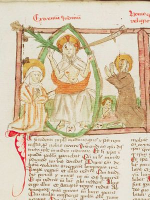 The Last Judgement: Christ on a rainbow raises the dead in the presence of Mary and St. John the Baptist