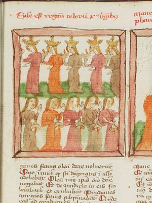 Parable of the wise and the foolish virgins: the five wise virgins (top) and the five foolish virgins (bottom)