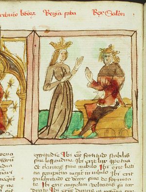 Solomon, enthroned, receiving the queen of Sheba