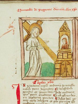 A monk meditating about the seven stages of the passion: carrying of the cross