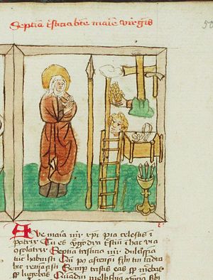 Seven sorrows of the Virgin (7): Mary meditating, with the Arma Christi