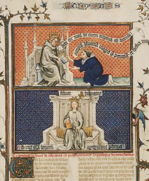 Nicolas Oresme offering his translation to king Charles V (1st of 2)