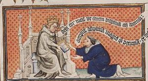 Nicolas Oresme offering his translation to king Charles V (1st of 2)