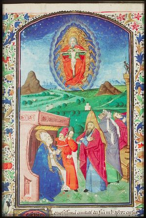 St. Augustine disputing with doctors and philosophers; a vision of the Mercy-Seat