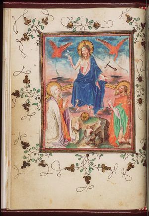 The Last Judgement: Christ on a rainbow raises the dead in the presence of Mary and St. John the Baptist