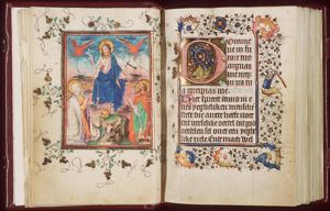 The Last Judgement: Christ on a rainbow raises the dead in the presence of Mary and St. John the Baptist